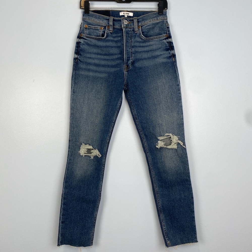 RE/DONE High Rise Ankle Cropped Medium Wash Jeans Sz 27 Capsule Wardrobe Basic